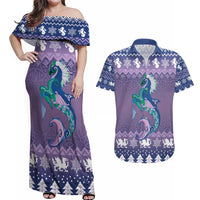 Carmarthenshire Wales Christmas Couples Matching Off Shoulder Maxi Dress and Hawaiian Shirt Heraldic Sea-Horse Celtic Design - Wonder Print Shop