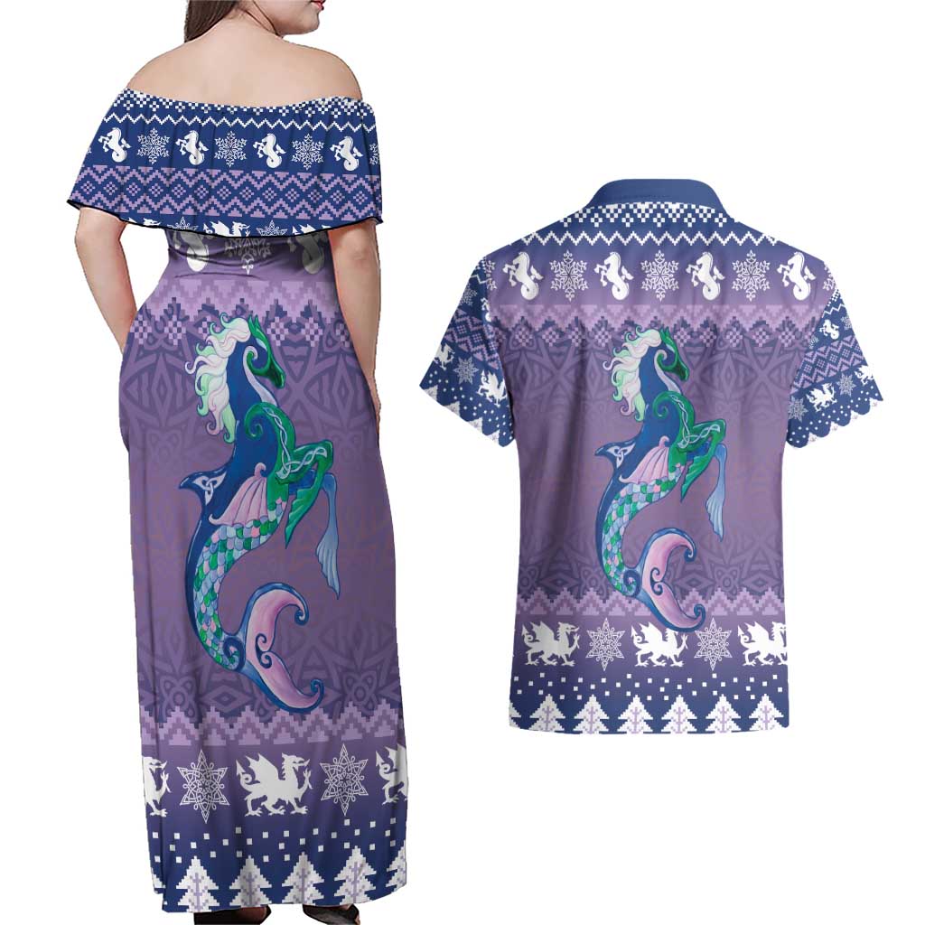 Carmarthenshire Wales Christmas Couples Matching Off Shoulder Maxi Dress and Hawaiian Shirt Heraldic Sea-Horse Celtic Design - Wonder Print Shop