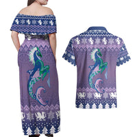 Carmarthenshire Wales Christmas Couples Matching Off Shoulder Maxi Dress and Hawaiian Shirt Heraldic Sea-Horse Celtic Design - Wonder Print Shop