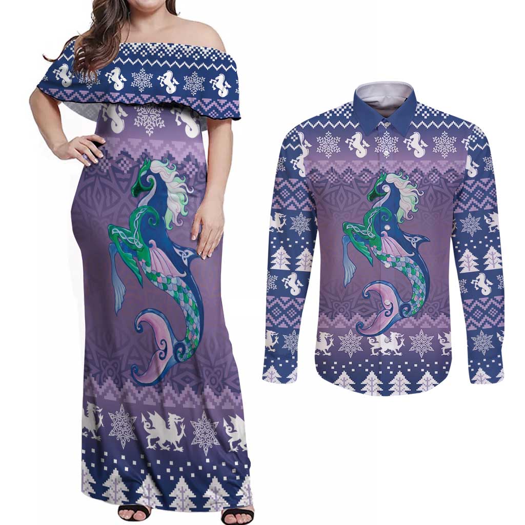 Carmarthenshire Wales Christmas Couples Matching Off Shoulder Maxi Dress and Long Sleeve Button Shirt Heraldic Sea-Horse Celtic Design - Wonder Print Shop