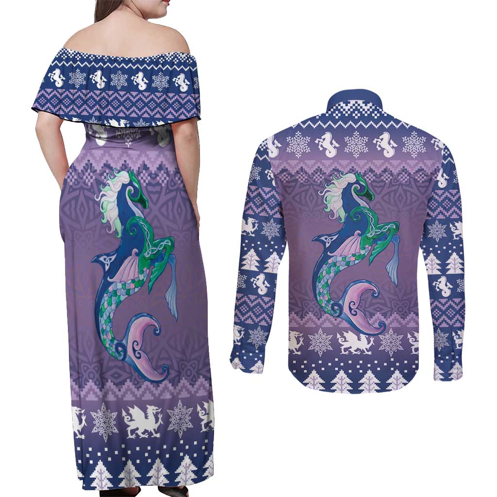 Carmarthenshire Wales Christmas Couples Matching Off Shoulder Maxi Dress and Long Sleeve Button Shirt Heraldic Sea-Horse Celtic Design - Wonder Print Shop