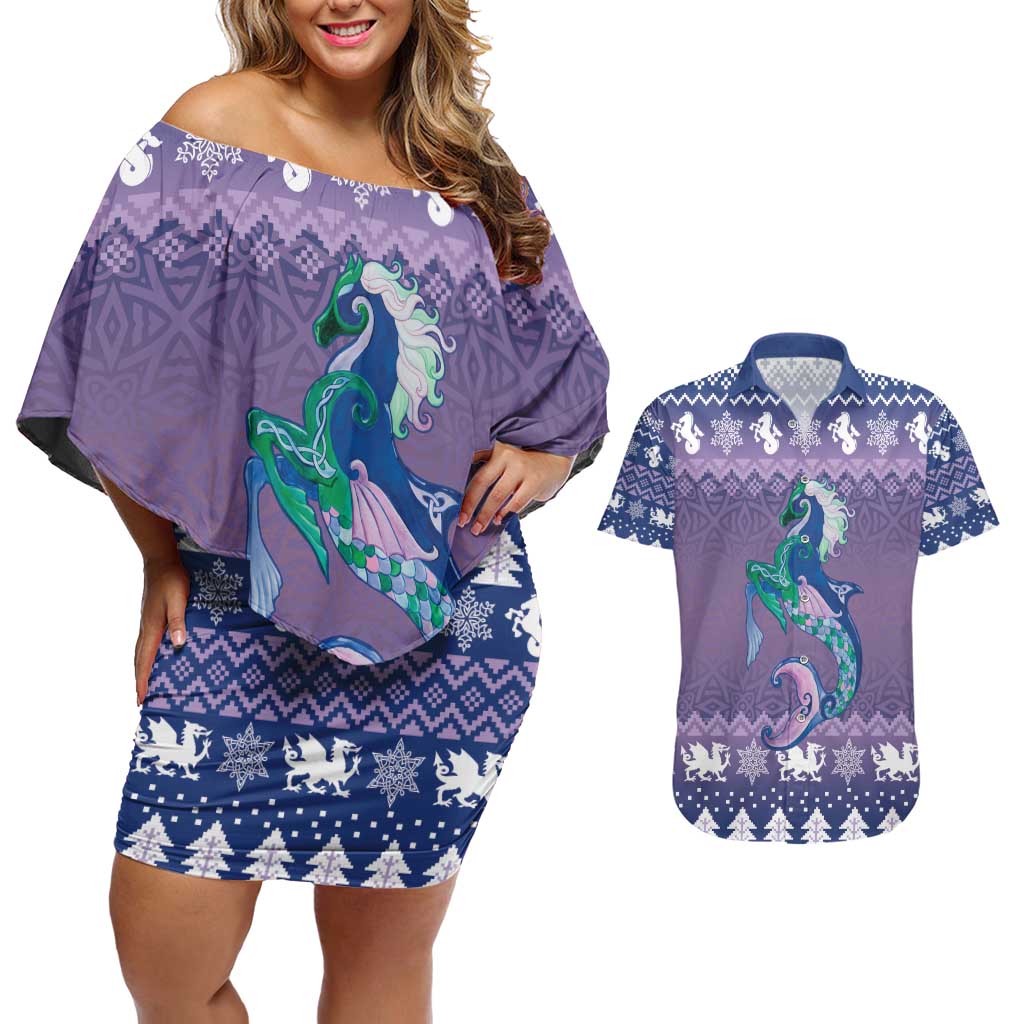Carmarthenshire Wales Christmas Couples Matching Off Shoulder Short Dress and Hawaiian Shirt Heraldic Sea-Horse Celtic Design - Wonder Print Shop