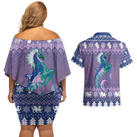 Carmarthenshire Wales Christmas Couples Matching Off Shoulder Short Dress and Hawaiian Shirt Heraldic Sea-Horse Celtic Design - Wonder Print Shop