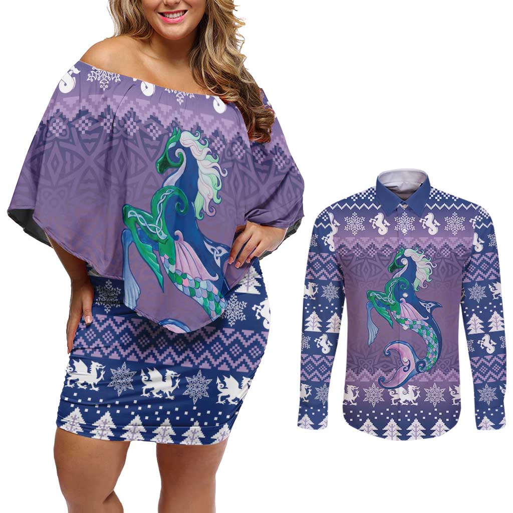 Carmarthenshire Wales Christmas Couples Matching Off Shoulder Short Dress and Long Sleeve Button Shirt Heraldic Sea-Horse Celtic Design - Wonder Print Shop