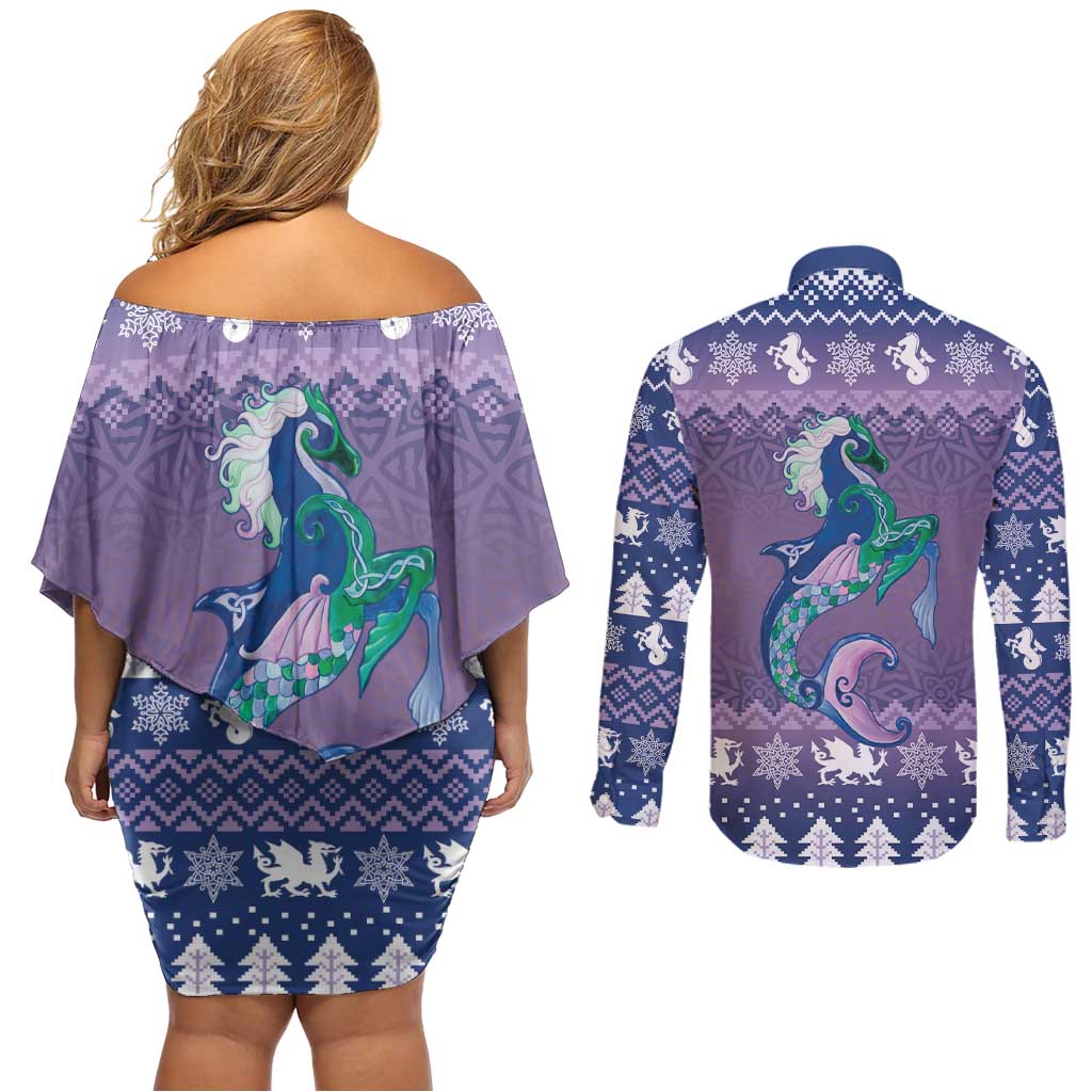 Carmarthenshire Wales Christmas Couples Matching Off Shoulder Short Dress and Long Sleeve Button Shirt Heraldic Sea-Horse Celtic Design - Wonder Print Shop