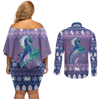 Carmarthenshire Wales Christmas Couples Matching Off Shoulder Short Dress and Long Sleeve Button Shirt Heraldic Sea-Horse Celtic Design - Wonder Print Shop