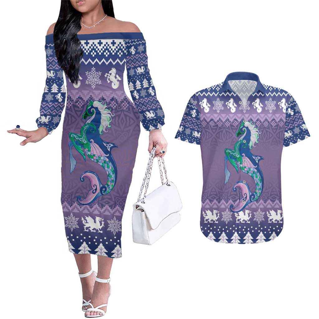 Carmarthenshire Wales Christmas Couples Matching Off The Shoulder Long Sleeve Dress and Hawaiian Shirt Heraldic Sea-Horse Celtic Design - Wonder Print Shop