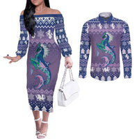 Carmarthenshire Wales Christmas Couples Matching Off The Shoulder Long Sleeve Dress and Long Sleeve Button Shirt Heraldic Sea-Horse Celtic Design - Wonder Print Shop