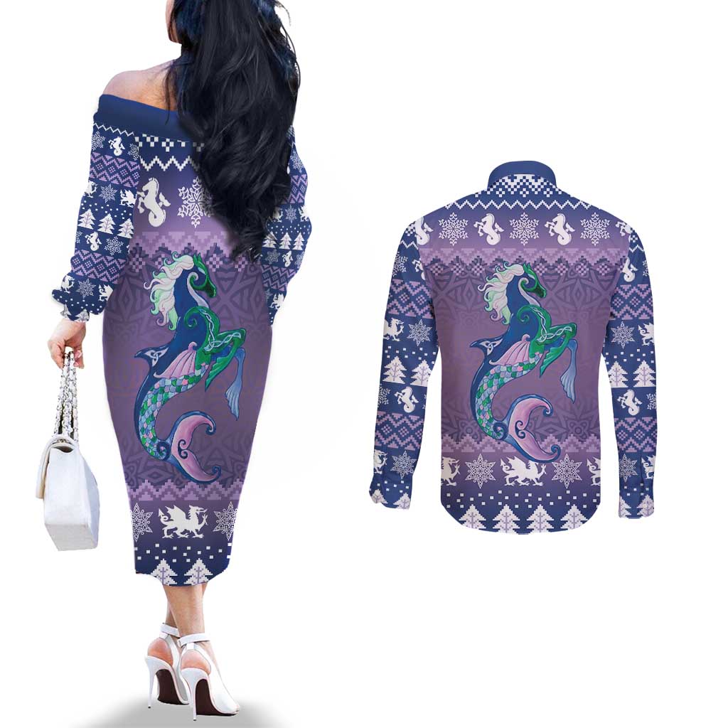 Carmarthenshire Wales Christmas Couples Matching Off The Shoulder Long Sleeve Dress and Long Sleeve Button Shirt Heraldic Sea-Horse Celtic Design - Wonder Print Shop