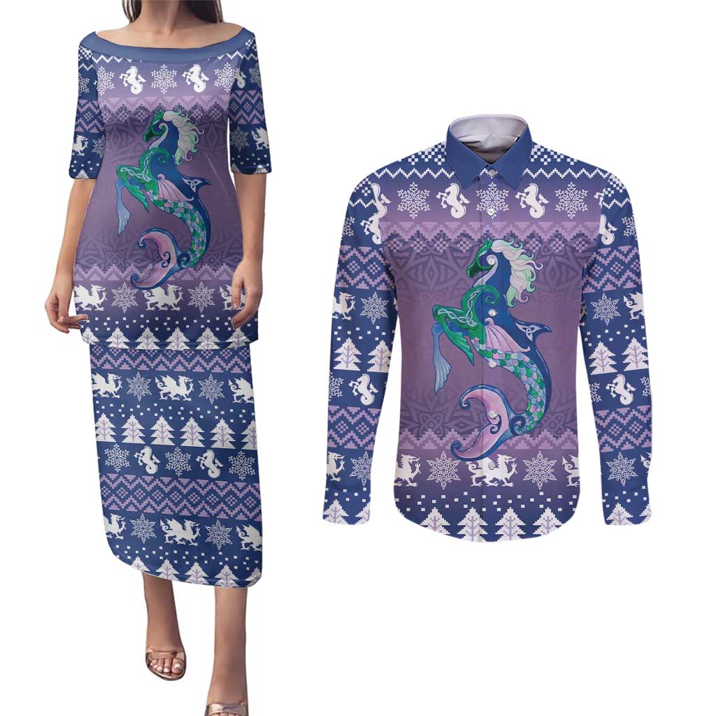 Carmarthenshire Wales Christmas Couples Matching Puletasi and Long Sleeve Button Shirt Heraldic Sea-Horse Celtic Design - Wonder Print Shop