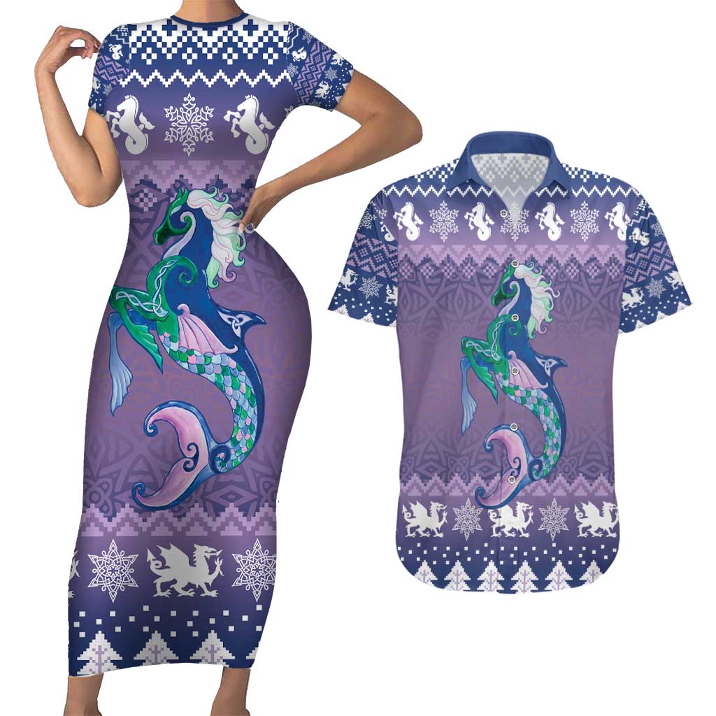 Carmarthenshire Wales Christmas Couples Matching Short Sleeve Bodycon Dress and Hawaiian Shirt Heraldic Sea-Horse Celtic Design - Wonder Print Shop