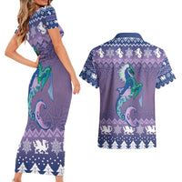 Carmarthenshire Wales Christmas Couples Matching Short Sleeve Bodycon Dress and Hawaiian Shirt Heraldic Sea-Horse Celtic Design - Wonder Print Shop