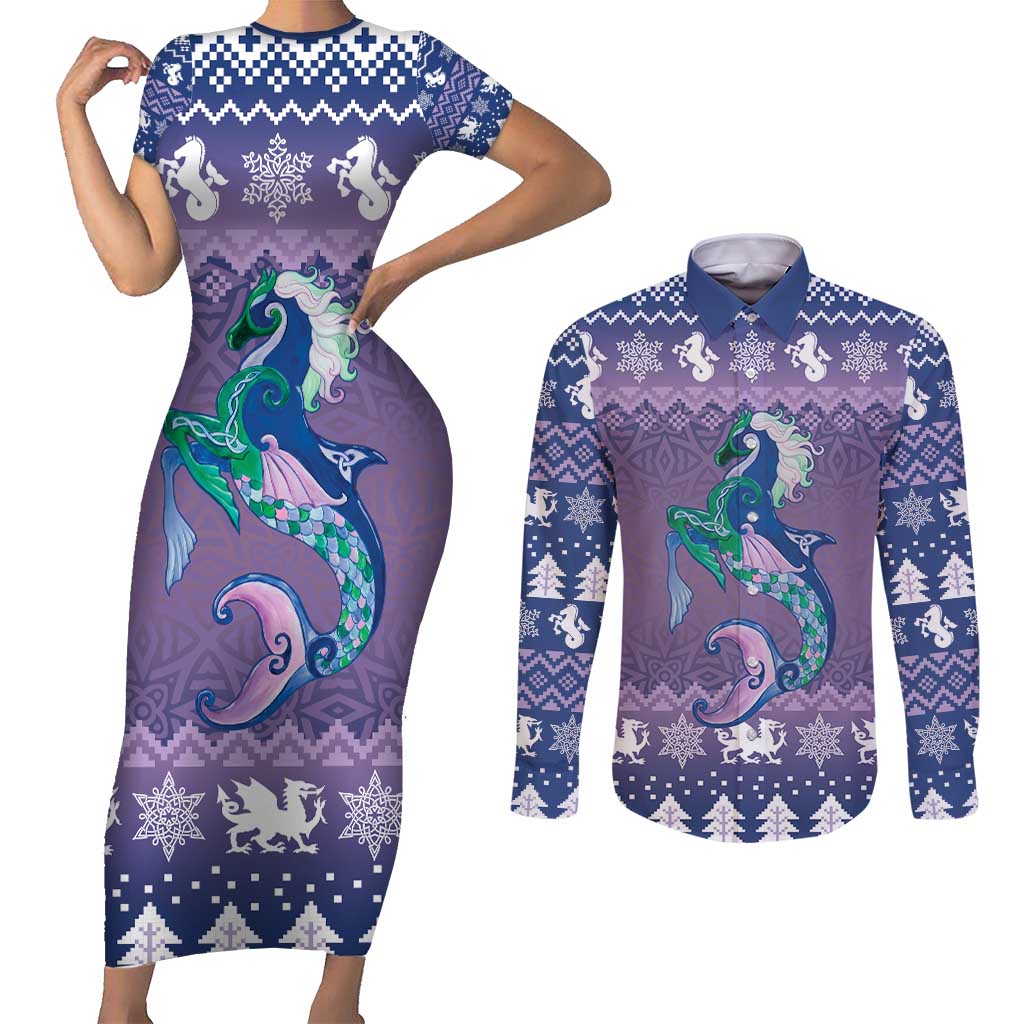 Carmarthenshire Wales Christmas Couples Matching Short Sleeve Bodycon Dress and Long Sleeve Button Shirt Heraldic Sea-Horse Celtic Design - Wonder Print Shop