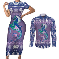 Carmarthenshire Wales Christmas Couples Matching Short Sleeve Bodycon Dress and Long Sleeve Button Shirt Heraldic Sea-Horse Celtic Design - Wonder Print Shop