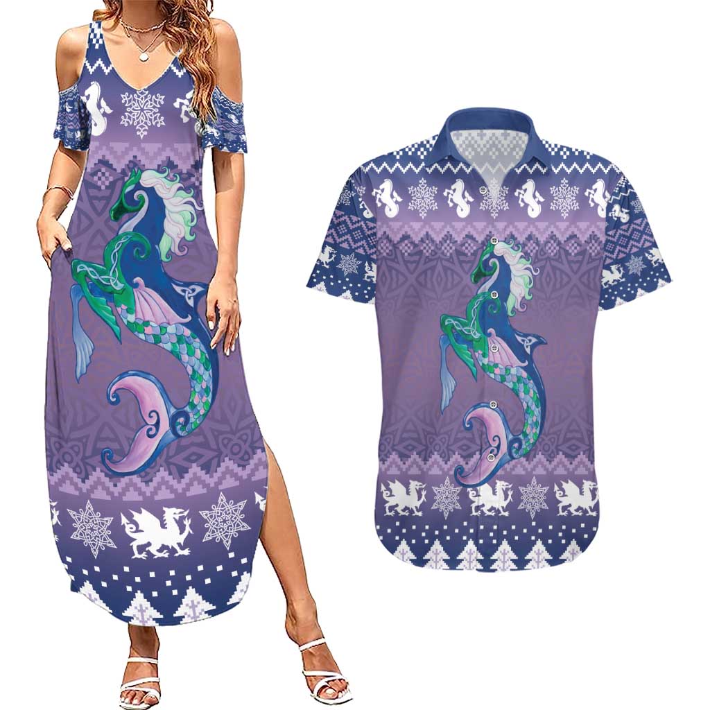 Carmarthenshire Wales Christmas Couples Matching Summer Maxi Dress and Hawaiian Shirt Heraldic Sea-Horse Celtic Design - Wonder Print Shop