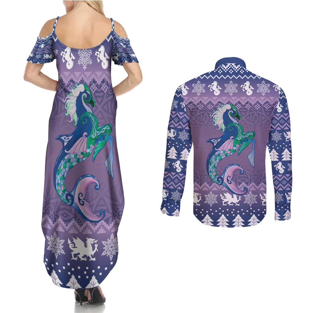 Carmarthenshire Wales Christmas Couples Matching Summer Maxi Dress and Long Sleeve Button Shirt Heraldic Sea-Horse Celtic Design - Wonder Print Shop