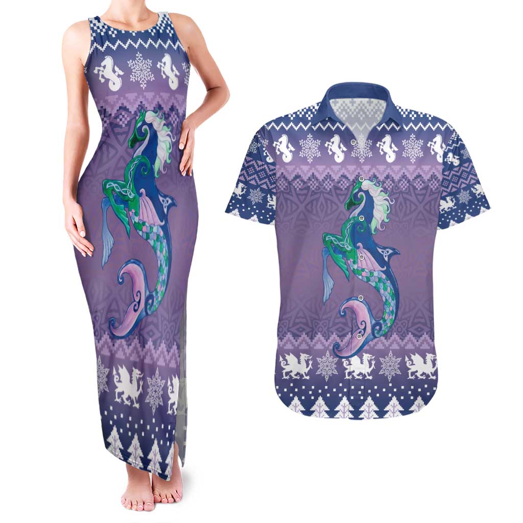 Carmarthenshire Wales Christmas Couples Matching Tank Maxi Dress and Hawaiian Shirt Heraldic Sea-Horse Celtic Design - Wonder Print Shop