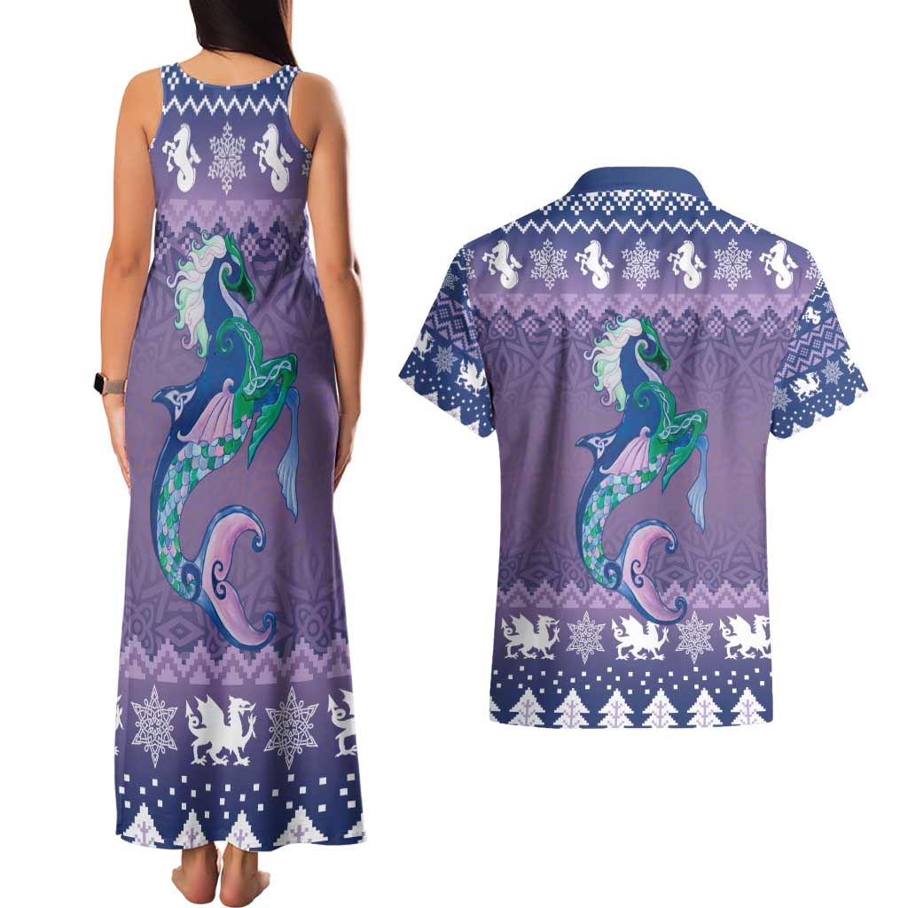 Carmarthenshire Wales Christmas Couples Matching Tank Maxi Dress and Hawaiian Shirt Heraldic Sea-Horse Celtic Design - Wonder Print Shop