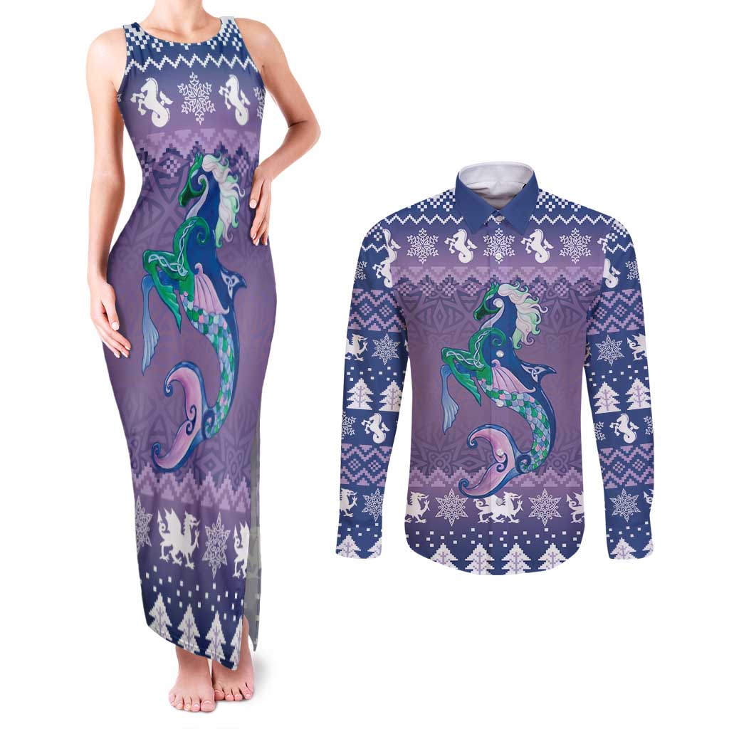 Carmarthenshire Wales Christmas Couples Matching Tank Maxi Dress and Long Sleeve Button Shirt Heraldic Sea-Horse Celtic Design - Wonder Print Shop