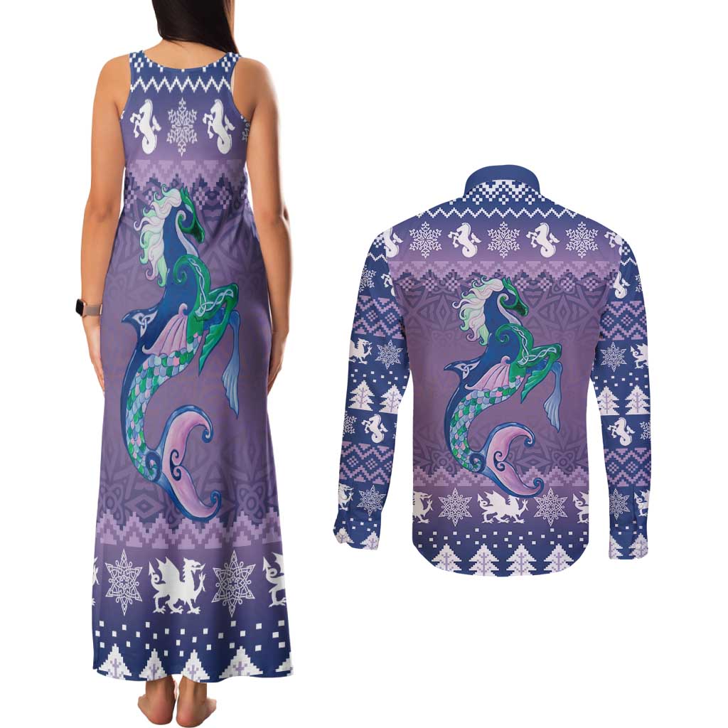 Carmarthenshire Wales Christmas Couples Matching Tank Maxi Dress and Long Sleeve Button Shirt Heraldic Sea-Horse Celtic Design - Wonder Print Shop