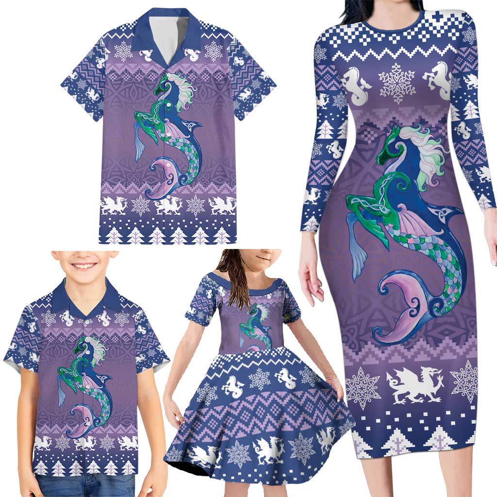 Carmarthenshire Wales Christmas Family Matching Long Sleeve Bodycon Dress and Hawaiian Shirt Heraldic Sea-Horse Celtic Design - Wonder Print Shop