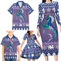 Carmarthenshire Wales Christmas Family Matching Long Sleeve Bodycon Dress and Hawaiian Shirt Heraldic Sea-Horse Celtic Design - Wonder Print Shop