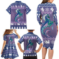 Carmarthenshire Wales Christmas Family Matching Long Sleeve Bodycon Dress and Hawaiian Shirt Heraldic Sea-Horse Celtic Design - Wonder Print Shop