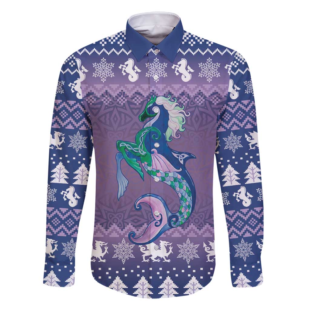 Carmarthenshire Wales Christmas Family Matching Long Sleeve Bodycon Dress and Hawaiian Shirt Heraldic Sea-Horse Celtic Design - Wonder Print Shop