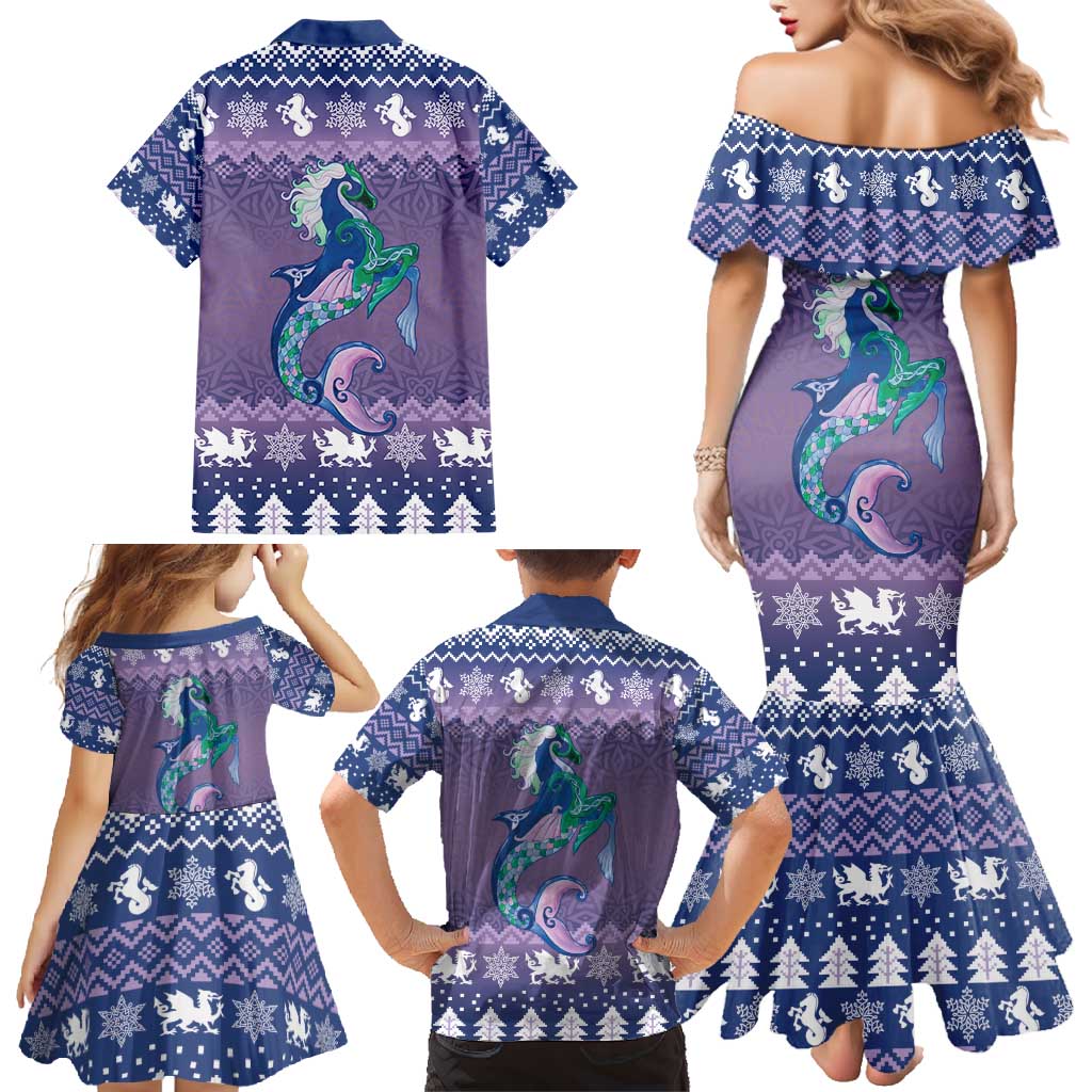 Carmarthenshire Wales Christmas Family Matching Mermaid Dress and Hawaiian Shirt Heraldic Sea-Horse Celtic Design - Wonder Print Shop