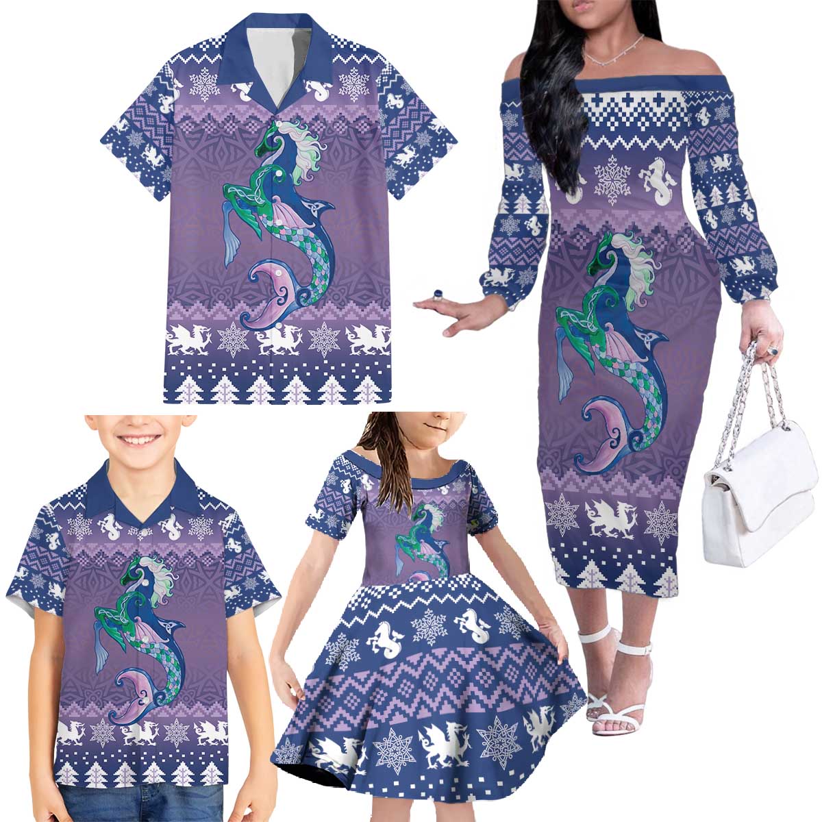 Carmarthenshire Wales Christmas Family Matching Off The Shoulder Long Sleeve Dress and Hawaiian Shirt Heraldic Sea-Horse Celtic Design - Wonder Print Shop