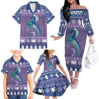 Carmarthenshire Wales Christmas Family Matching Off The Shoulder Long Sleeve Dress and Hawaiian Shirt Heraldic Sea-Horse Celtic Design - Wonder Print Shop