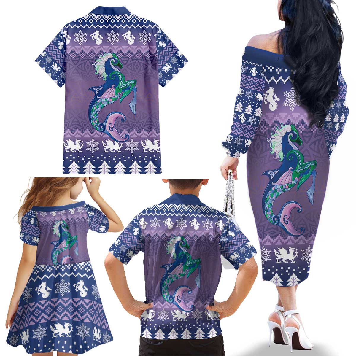 Carmarthenshire Wales Christmas Family Matching Off The Shoulder Long Sleeve Dress and Hawaiian Shirt Heraldic Sea-Horse Celtic Design - Wonder Print Shop