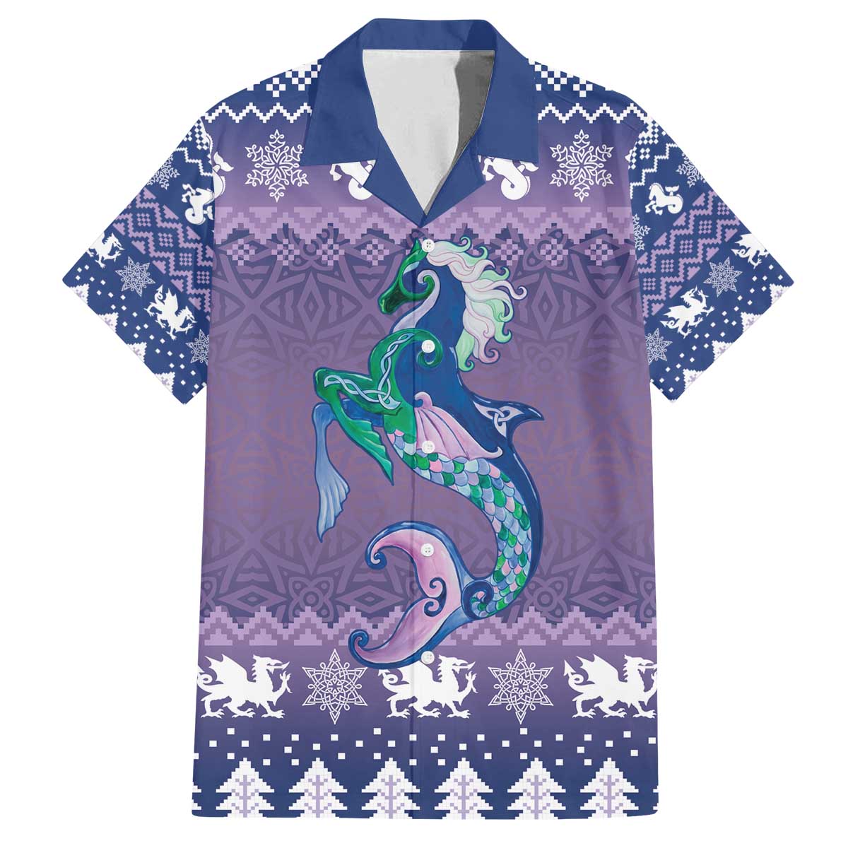 Carmarthenshire Wales Christmas Family Matching Off The Shoulder Long Sleeve Dress and Hawaiian Shirt Heraldic Sea-Horse Celtic Design - Wonder Print Shop