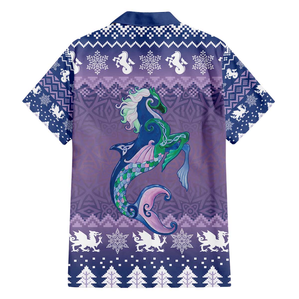 Carmarthenshire Wales Christmas Family Matching Off The Shoulder Long Sleeve Dress and Hawaiian Shirt Heraldic Sea-Horse Celtic Design - Wonder Print Shop