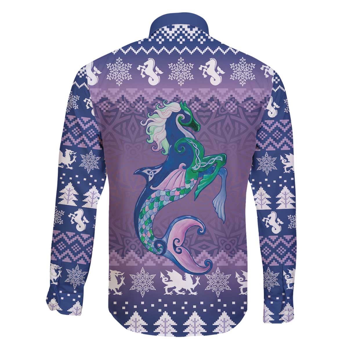 Carmarthenshire Wales Christmas Family Matching Off The Shoulder Long Sleeve Dress and Hawaiian Shirt Heraldic Sea-Horse Celtic Design - Wonder Print Shop