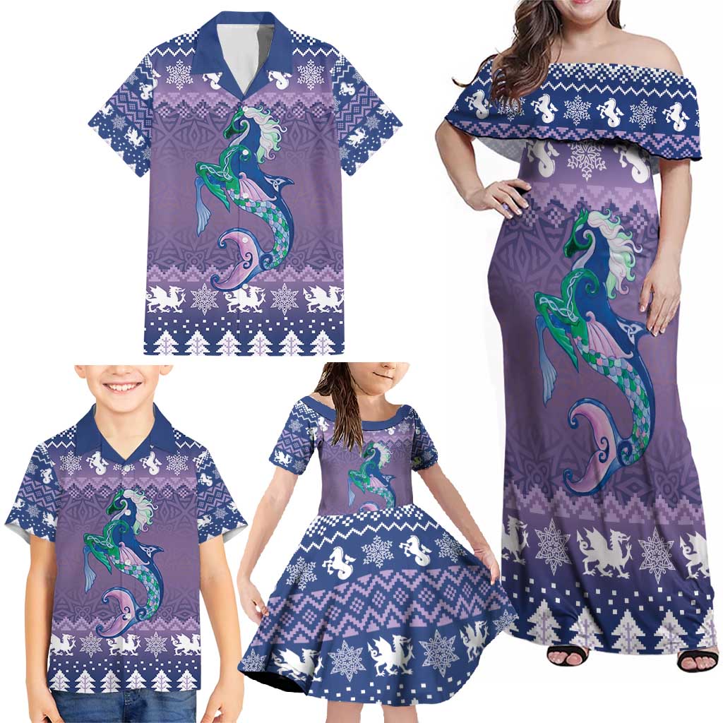 Carmarthenshire Wales Christmas Family Matching Off Shoulder Maxi Dress and Hawaiian Shirt Heraldic Sea-Horse Celtic Design - Wonder Print Shop