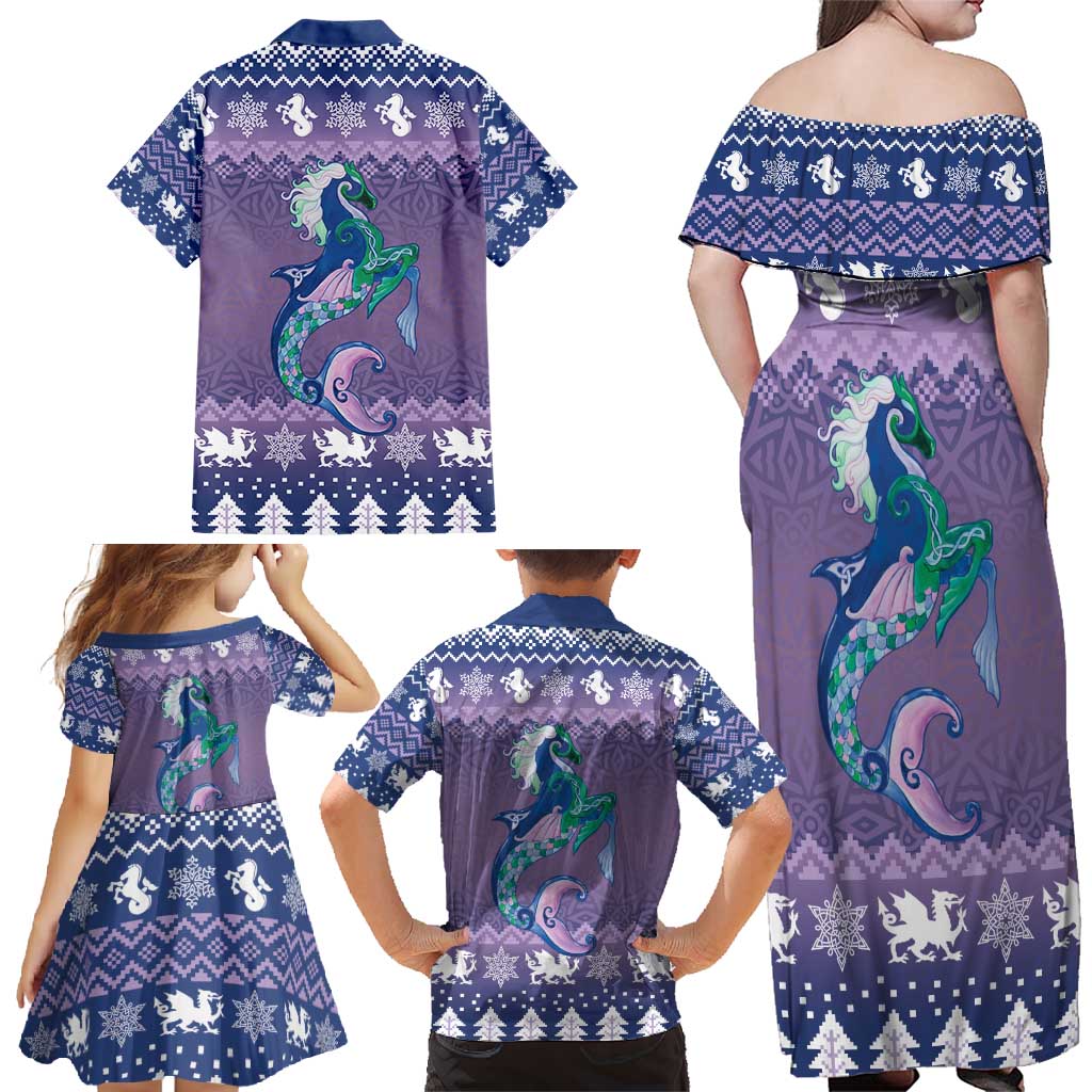 Carmarthenshire Wales Christmas Family Matching Off Shoulder Maxi Dress and Hawaiian Shirt Heraldic Sea-Horse Celtic Design - Wonder Print Shop