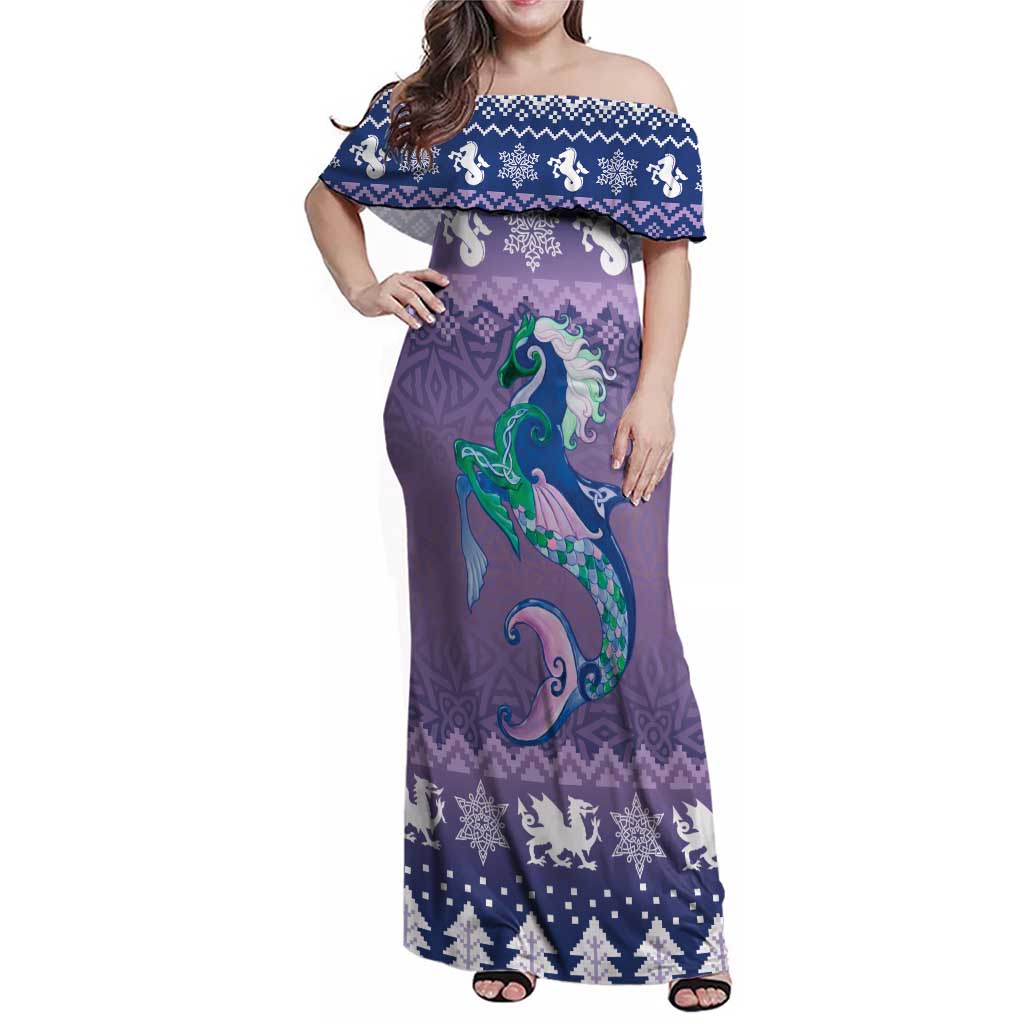 Carmarthenshire Wales Christmas Family Matching Off Shoulder Maxi Dress and Hawaiian Shirt Heraldic Sea-Horse Celtic Design - Wonder Print Shop