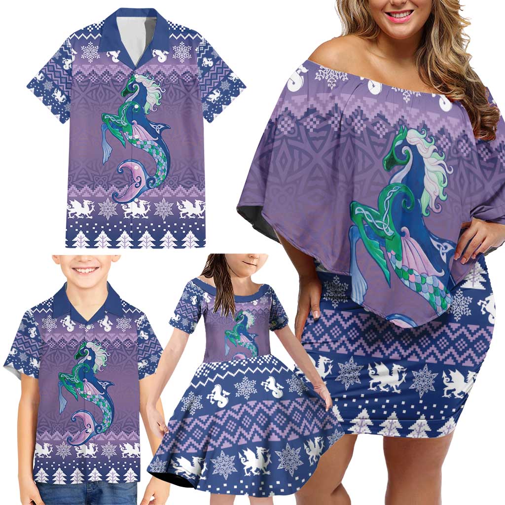 Carmarthenshire Wales Christmas Family Matching Off Shoulder Short Dress and Hawaiian Shirt Heraldic Sea-Horse Celtic Design - Wonder Print Shop