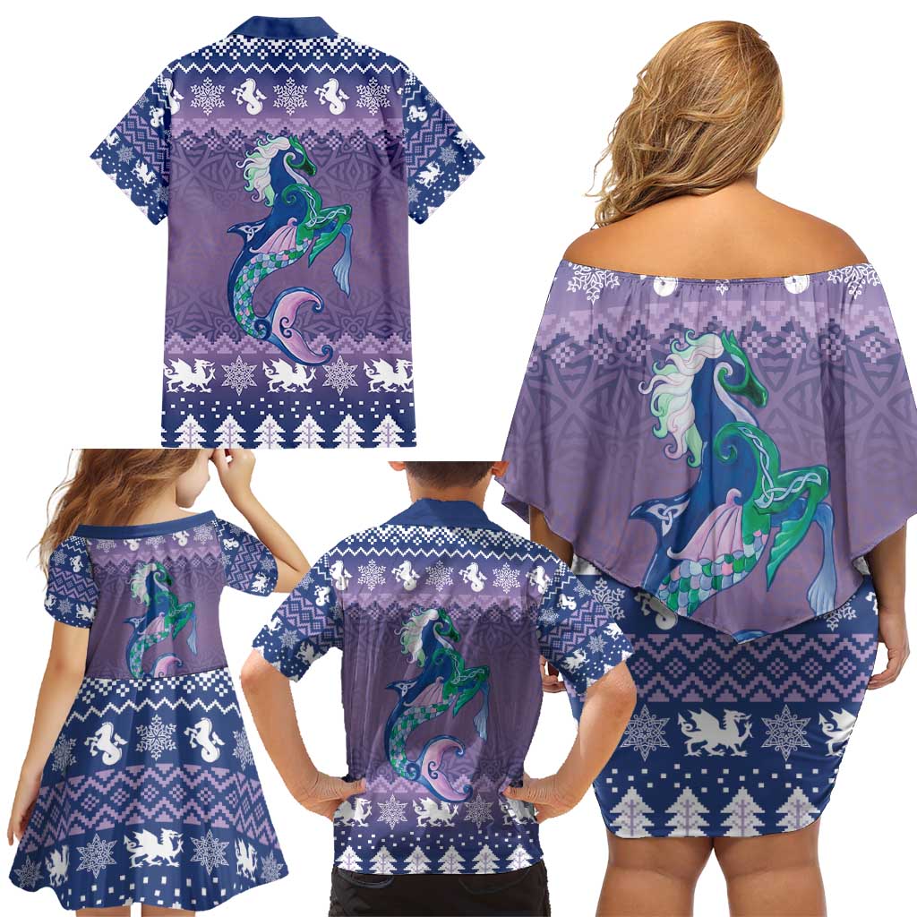 Carmarthenshire Wales Christmas Family Matching Off Shoulder Short Dress and Hawaiian Shirt Heraldic Sea-Horse Celtic Design - Wonder Print Shop