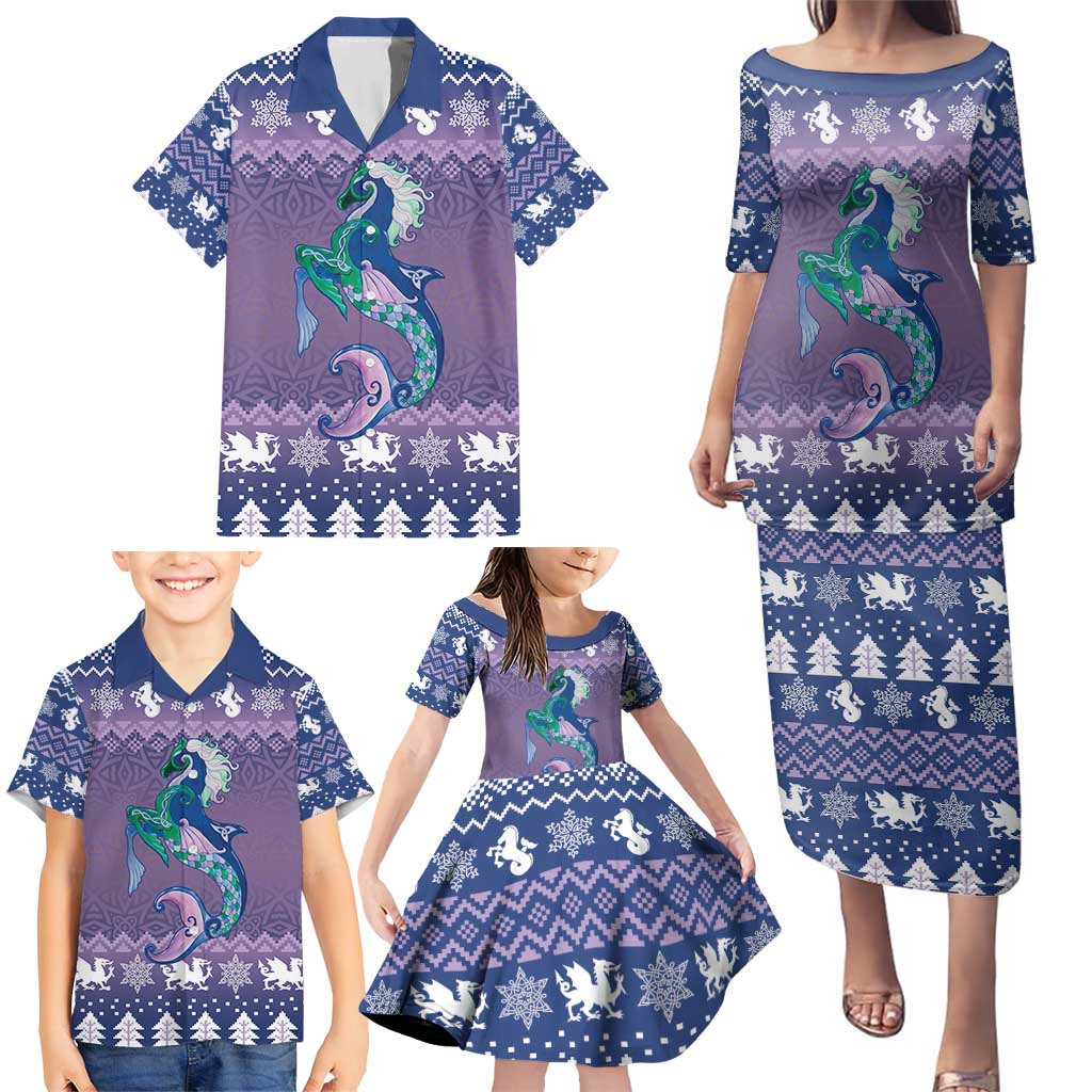 Carmarthenshire Wales Christmas Family Matching Puletasi and Hawaiian Shirt Heraldic Sea-Horse Celtic Design - Wonder Print Shop