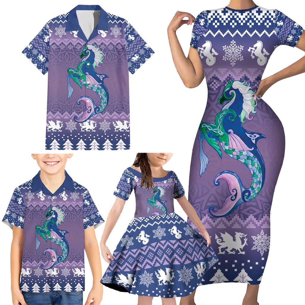 Carmarthenshire Wales Christmas Family Matching Short Sleeve Bodycon Dress and Hawaiian Shirt Heraldic Sea-Horse Celtic Design - Wonder Print Shop