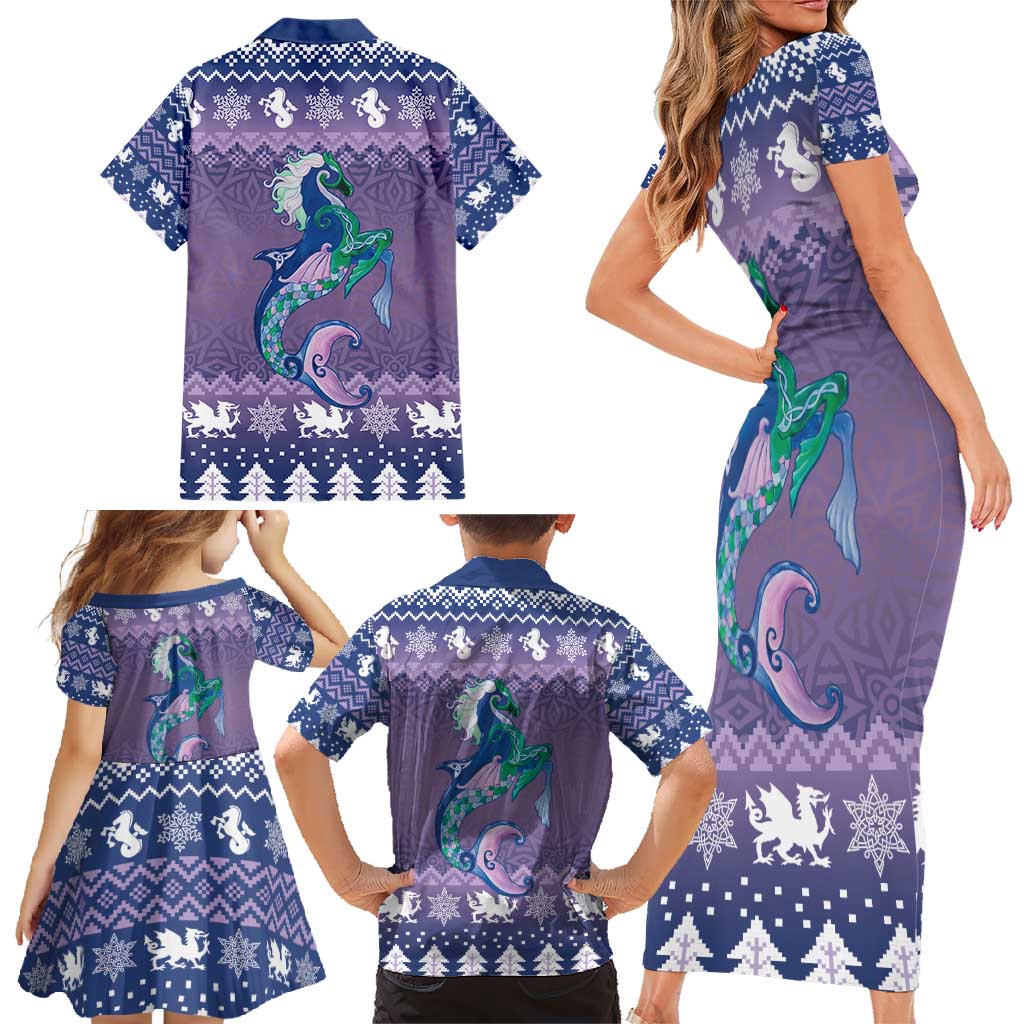 Carmarthenshire Wales Christmas Family Matching Short Sleeve Bodycon Dress and Hawaiian Shirt Heraldic Sea-Horse Celtic Design - Wonder Print Shop
