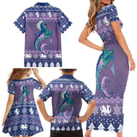 Carmarthenshire Wales Christmas Family Matching Short Sleeve Bodycon Dress and Hawaiian Shirt Heraldic Sea-Horse Celtic Design - Wonder Print Shop