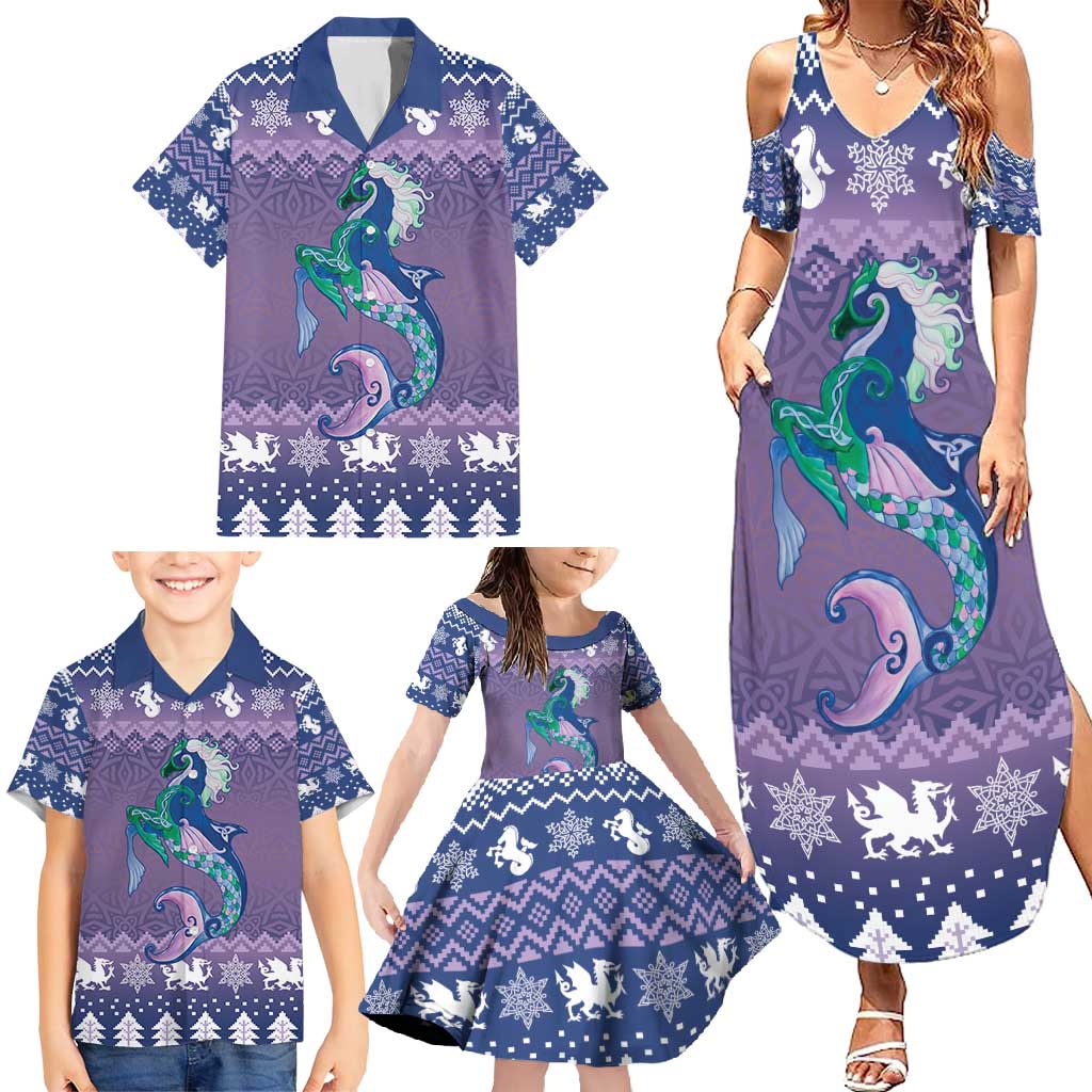 Carmarthenshire Wales Christmas Family Matching Summer Maxi Dress and Hawaiian Shirt Heraldic Sea-Horse Celtic Design - Wonder Print Shop
