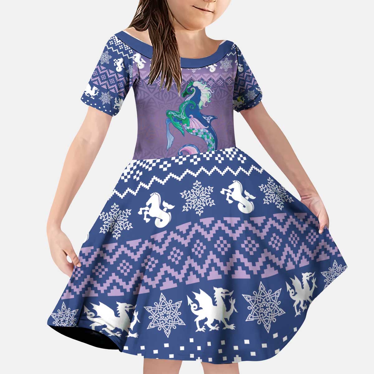 Carmarthenshire Wales Christmas Kid Short Sleeve Dress Heraldic Sea-Horse Celtic Design - Wonder Print Shop