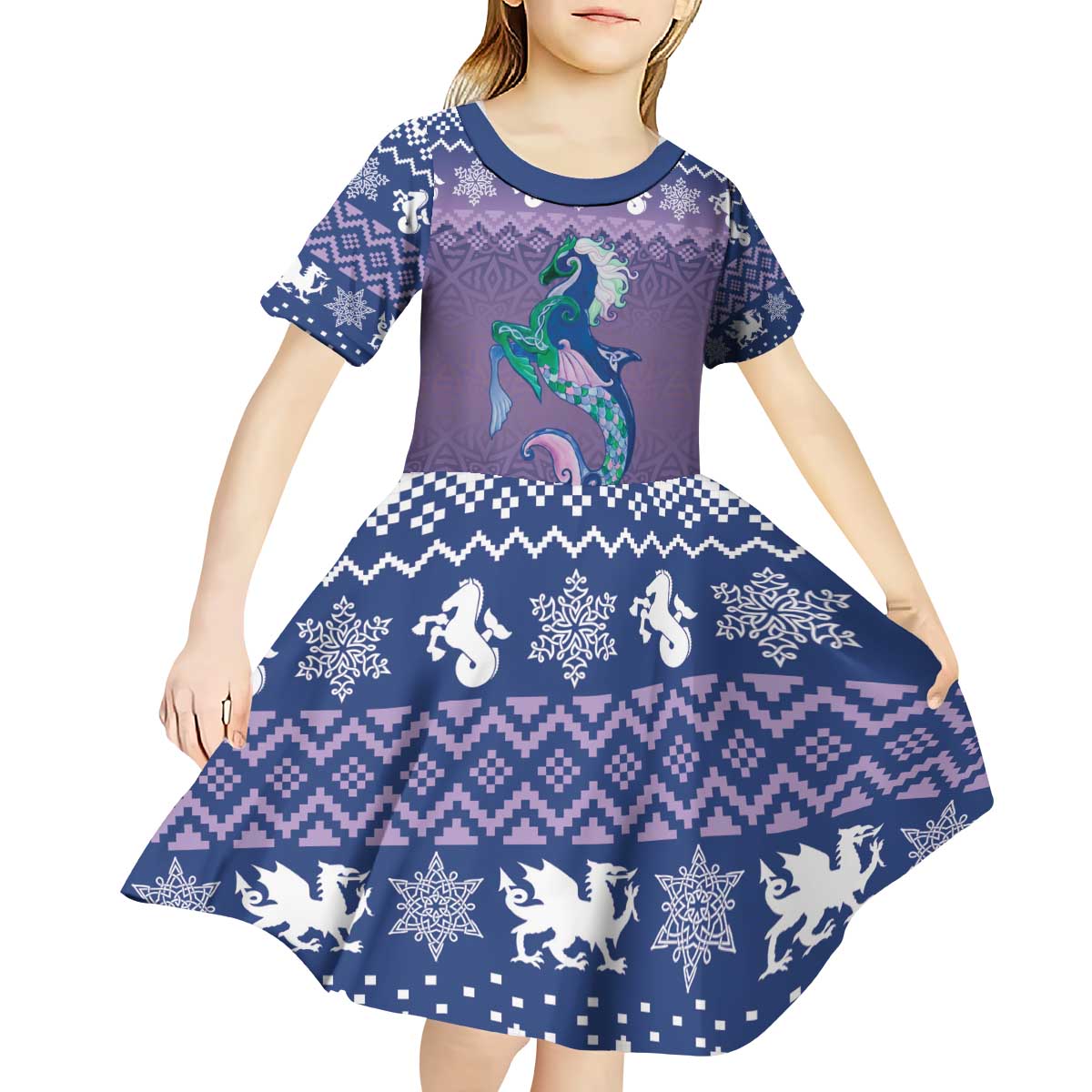 Carmarthenshire Wales Christmas Kid Short Sleeve Dress Heraldic Sea-Horse Celtic Design - Wonder Print Shop