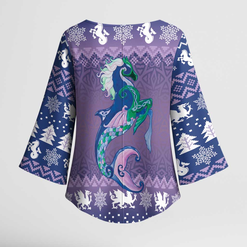 Carmarthenshire Wales Christmas Kimono Sleeve Blouse Heraldic Sea-Horse Celtic Design - Wonder Print Shop