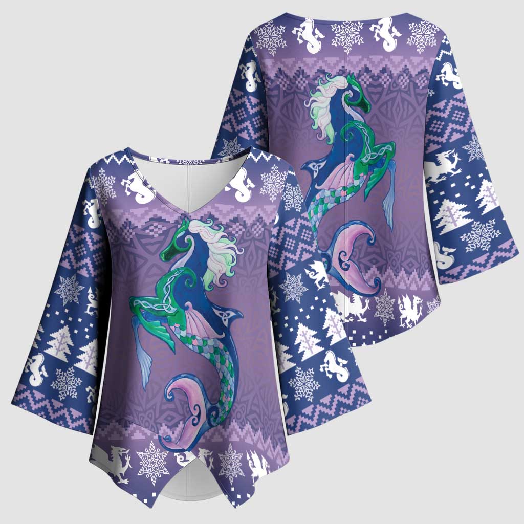 Carmarthenshire Wales Christmas Kimono Sleeve Blouse Heraldic Sea-Horse Celtic Design - Wonder Print Shop