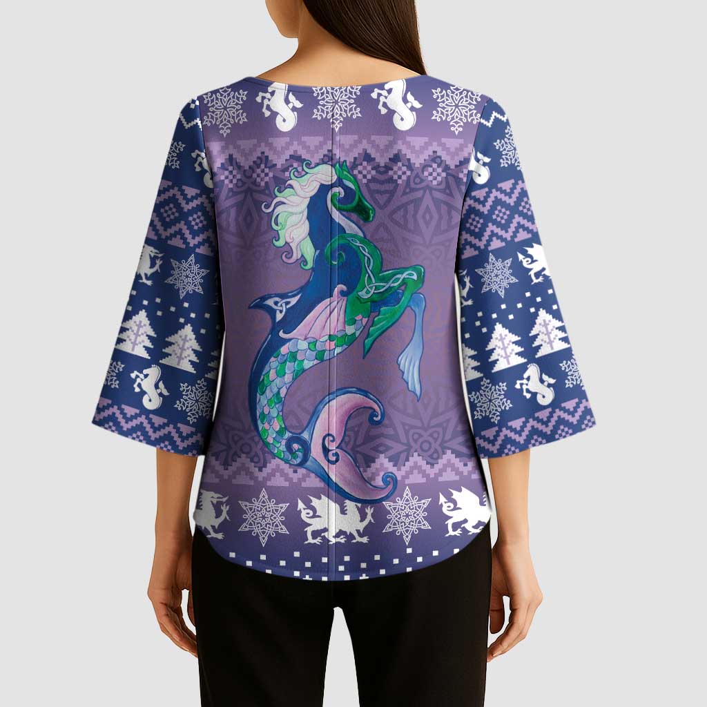 Carmarthenshire Wales Christmas Kimono Sleeve Blouse Heraldic Sea-Horse Celtic Design - Wonder Print Shop